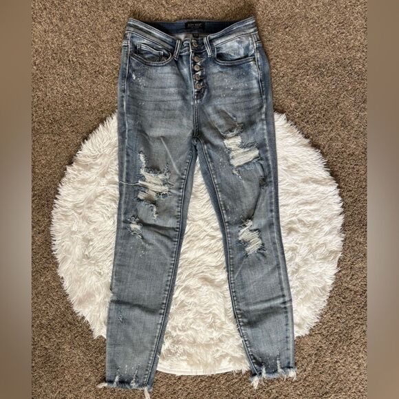 Judy Blue Jeans Skinny Fit Button Fly Stretchy Distressed Womens Size 7 28 - Picture 1 of 10